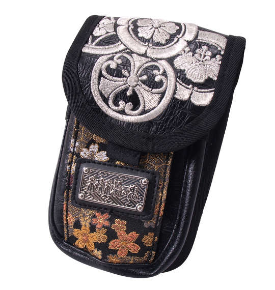 絡繰魂 家紋刺繍モバイルポーチ ブラック