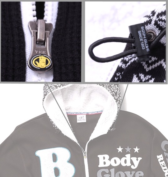 BODY GLOVE ボア付フードワッフルパーカー ブラック