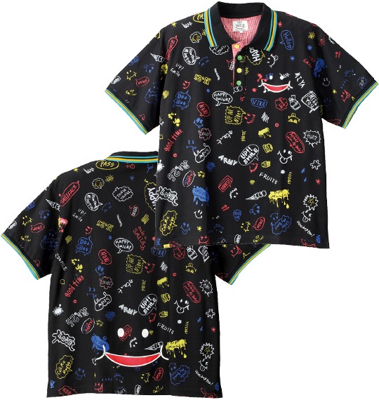 UP!SMILE 総柄落書きプリント半袖ポロシャツ ブラック