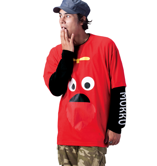 GACHAPIN×MUKKU フェイクレイヤード長袖Tシャツ レッド×ブラック