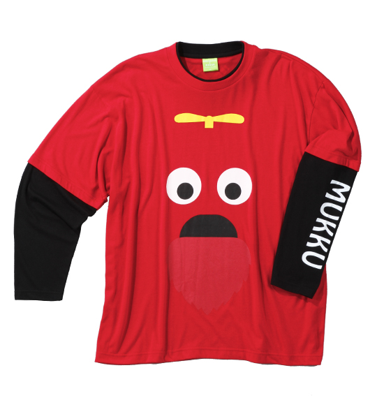 GACHAPIN×MUKKU フェイクレイヤード長袖Tシャツ レッド×ブラック