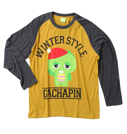 GACHAPIN×MUKKU ラグラン長袖Tシャツ マスタード×チャコール