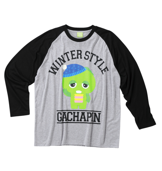 GACHAPIN×MUKKU ラグラン長袖Tシャツ モクグレー×ブラック