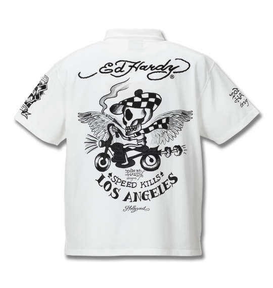 Ed Hardy 鹿の子刺繍&プリント半袖ポロシャツ オフホワイト