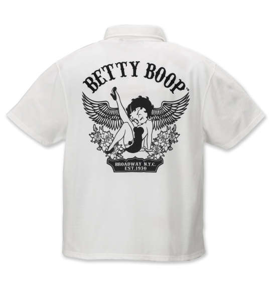 BETTY BOOP 鹿の子プリント&刺繍ウイング&ローズ半袖ポロシャツ オフホワイト