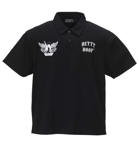 BETTY BOOP 鹿の子プリント&刺繍ウイング&ローズ半袖ポロシャツ ブラック