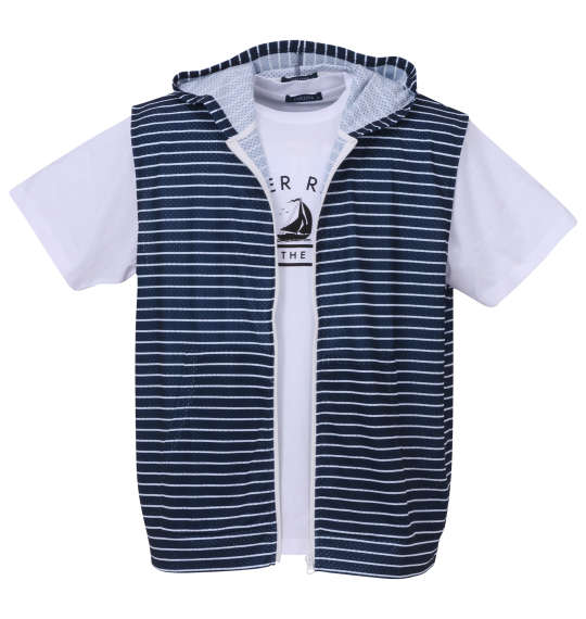COLLINS メッシュボーダーノースリーブフルジップパーカー+半袖Tシャツ ネイビー×ホワイト