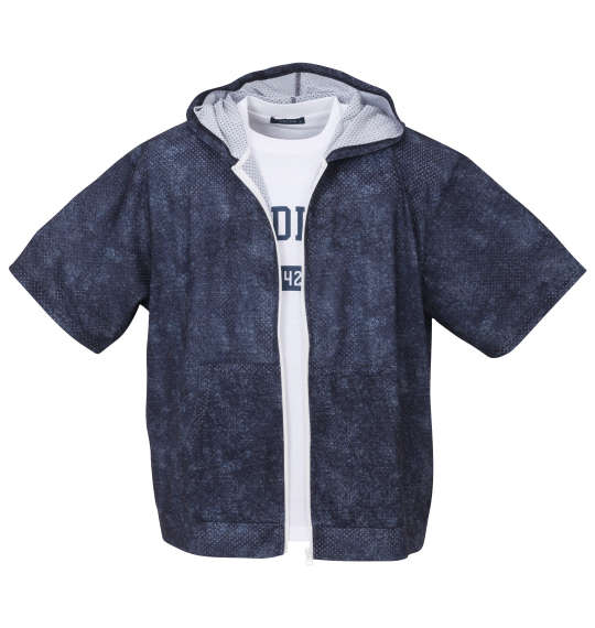 COLLINS メッシュデニム風プリント半袖フルジップパーカー+半袖Tシャツ ネイビー×ホワイト
