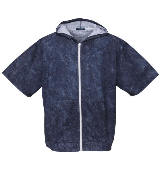 COLLINS メッシュデニム風プリント半袖フルジップパーカー+半袖Tシャツ ネイビー×ホワイト