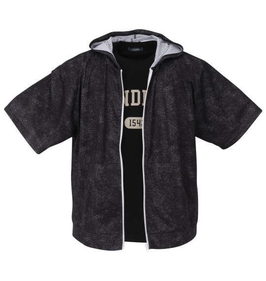 COLLINS メッシュデニム風プリント半袖フルジップパーカー+半袖Tシャツ ブラック×ブラック