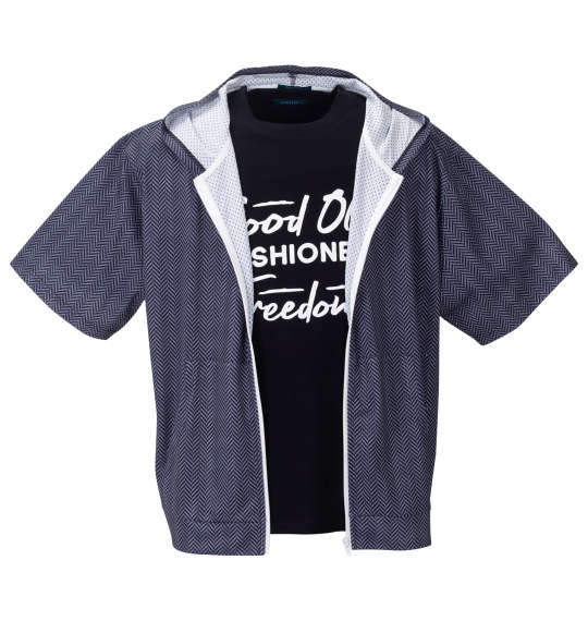 COLLINS メッシュヘリンボーン風プリント半袖フルジップパーカー+半袖Tシャツ グレー系×ブラック