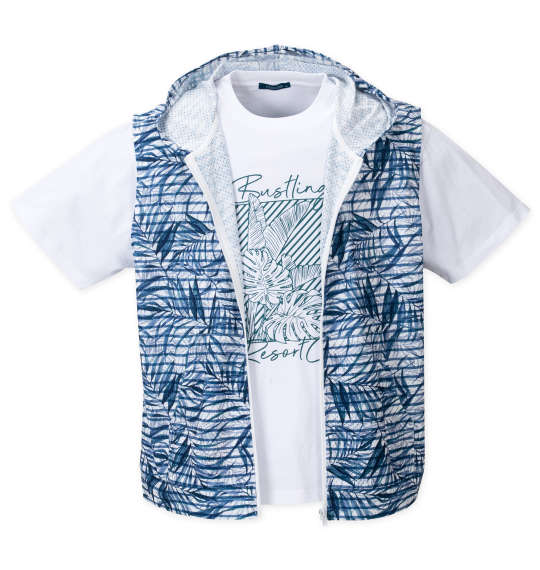 COLLINS メッシュリーフ柄プリントノースリーブフルジップパーカー+半袖Tシャツ ネイビー系×ホワイト