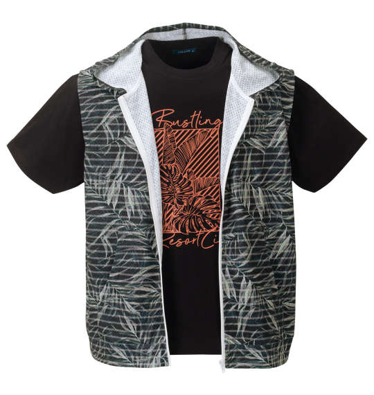 COLLINS メッシュリーフ柄プリントノースリーブフルジップパーカー+半袖Tシャツ ブラック系×ブラック
