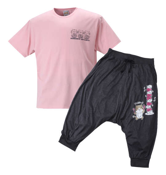 NECOBUCHI-SAN 天竺半袖Tシャツ+カチオン七分丈サルエルパンツ ピンク×ブラック杢