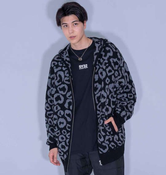 SHELTY 7Gジャガードレオパード柄フルジップパーカーセーター ブラック