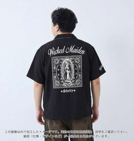 SHELTY 鹿の子刺繍&マリアプリント半袖ポロシャツ ブラック