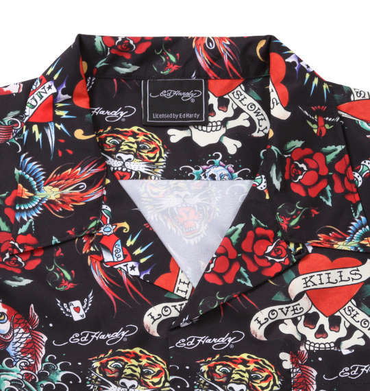 Ed Hardy 昇華プリント接触冷感オープンカラー半袖シャツ ブラック