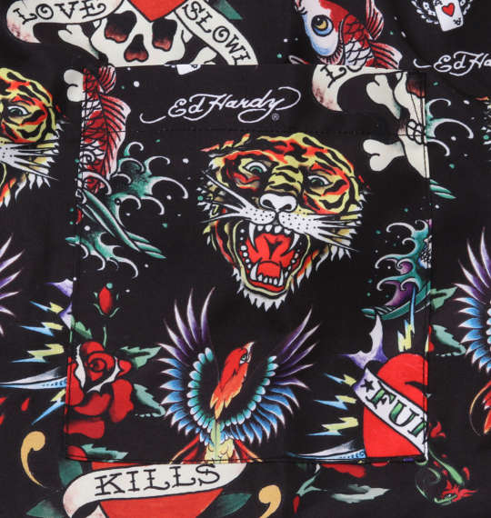 Ed Hardy 昇華プリント接触冷感オープンカラー半袖シャツ ブラック
