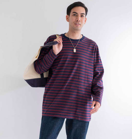 Mc.S.P オーガニックコットンボーダークルーネック長袖Tシャツ エンジ×ネイビー