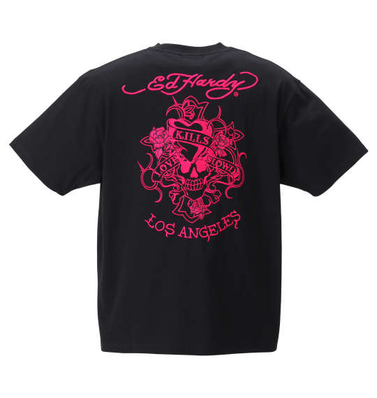 Ed Hardy 刺繍&プリント半袖Tシャツ ブラック×ピンク