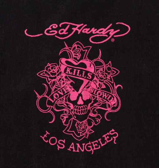 Ed Hardy 刺繍&プリント半袖Tシャツ ブラック×ピンク