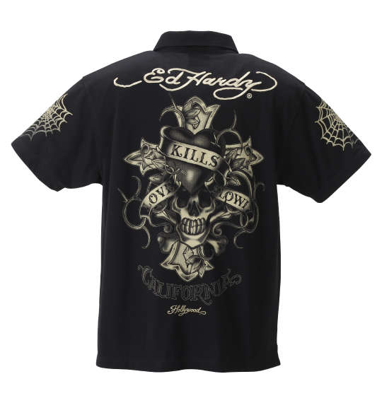 Ed Hardy 刺繍&プリント鹿の子半袖ポロシャツ ブラック