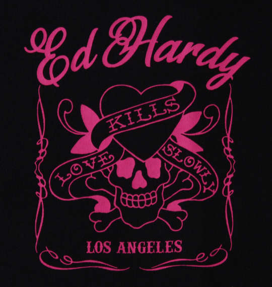 Ed Hardy 天竺プリント&刺繍半袖Tシャツ ブラック×ピンク