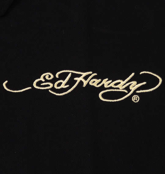 Ed Hardy プリント&刺繍鹿の子半袖ポロシャツ ブラック×ベージュ