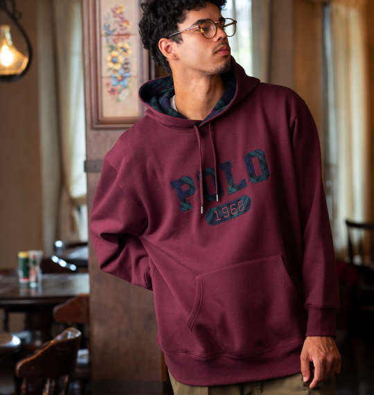 POLO BCS 裏起毛チェックロゴプルパーカー エンジ