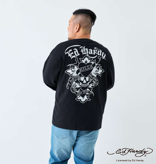 Ed Hardy 天竺プリント長袖Tシャツ ブラック×シルバー