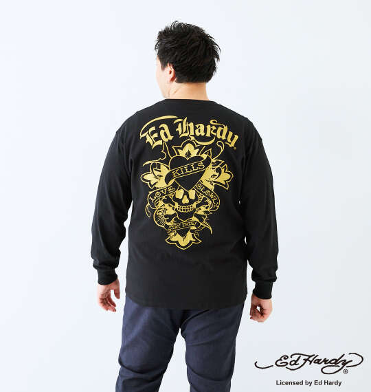 Ed Hardy 天竺プリント長袖Tシャツ ブラック×ゴールド